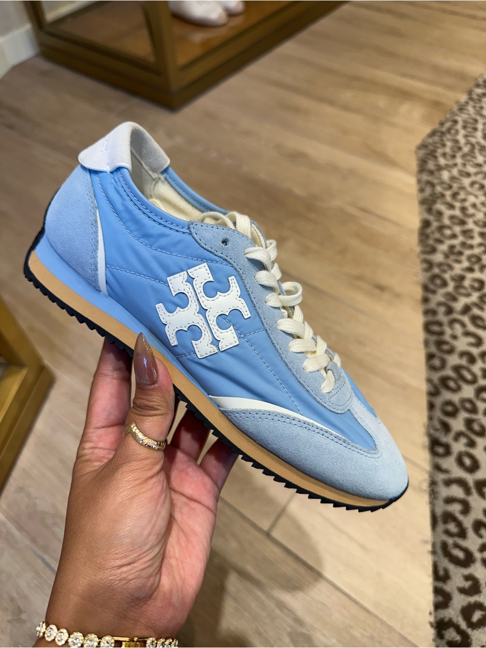 Tory Burch Sky Blue Suede & Nylon Logo Runner Sneakers